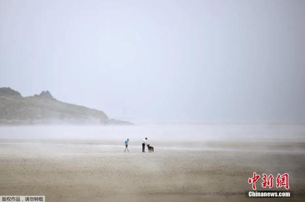 当地时间7月1日，爱尔兰都柏林，一名男子在桑迪蒙特海雾中遛狗。
